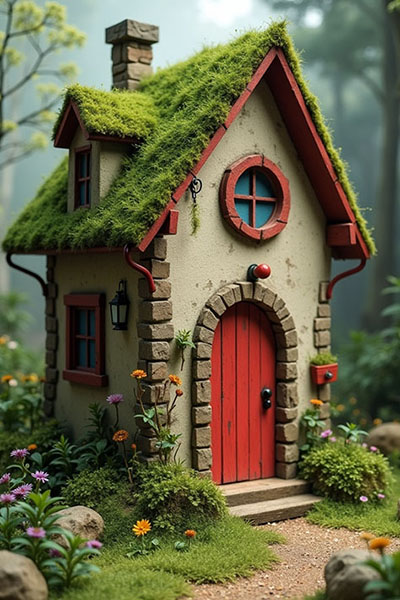 This whimsical Wendy house is a playful flight of fancy—a completely imaginary creation brought to life as a charming illustration. 